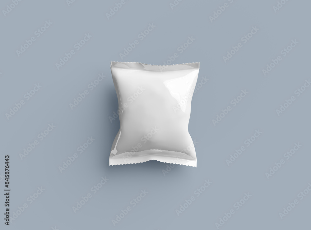Naklejka premium 3D render of a glossy generic, sealed snack packaging bag with crimped edges on a dark background
