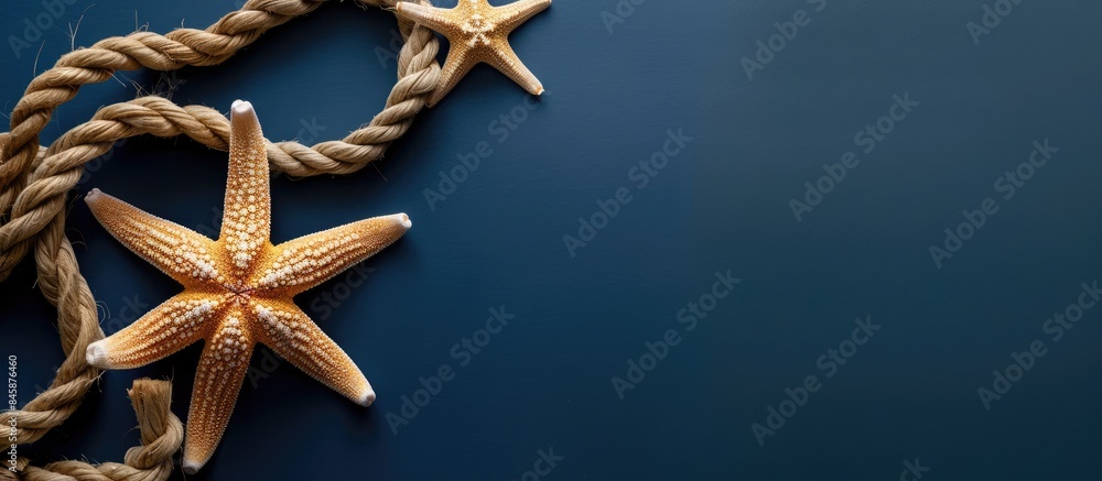 Summer sea vacation setting with star fish, marine rope against a dark blue backdrop. Summer sea vacation setting with star fish, marine rope against a dark blue backdrop.