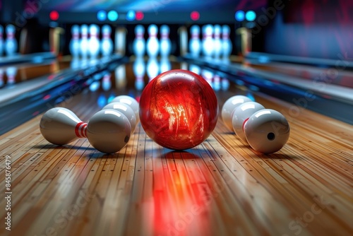 A glossy red bowling ball strikes down pins at a modern bowling alley with lane reflections and vibrant lighting