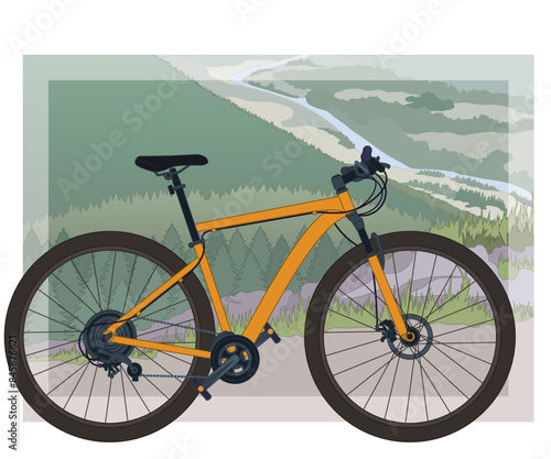 mountain biking sport, men's orange mountain bike on a mountain trail with landscape in the background