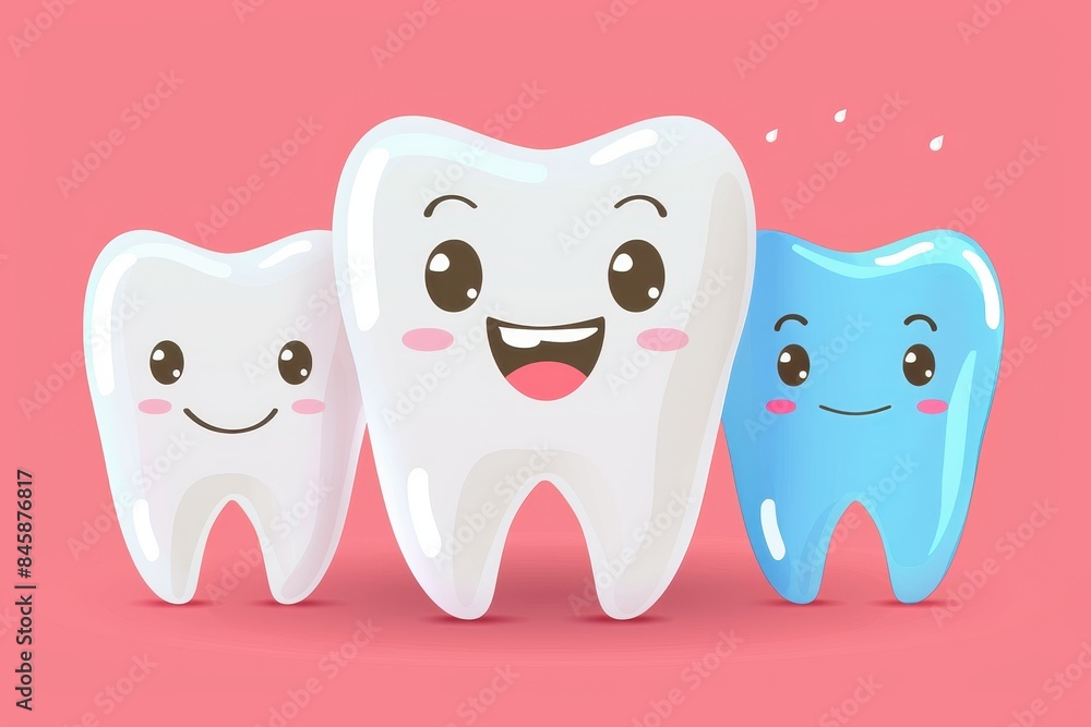 Animated teeth characters with different colored bodies and happy expressions Animated teeth characters with different colored bodies and happy expressions