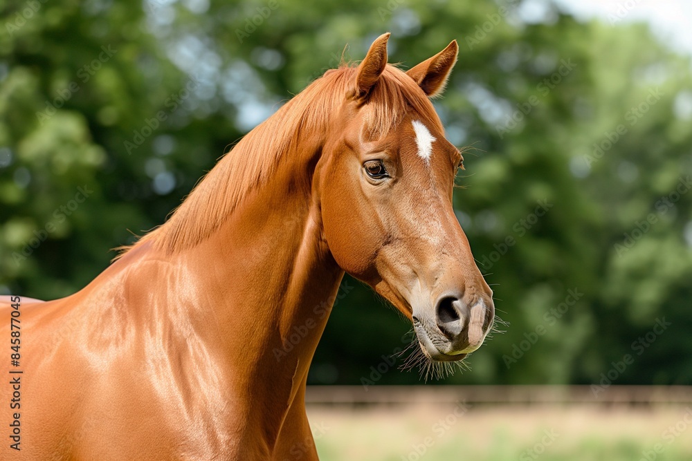 Naklejka premium A close-up portrait of a majestic chestnut horse standing tall in an open field, with trees and greenery behind it, exuding elegance and strength, focus on face. 