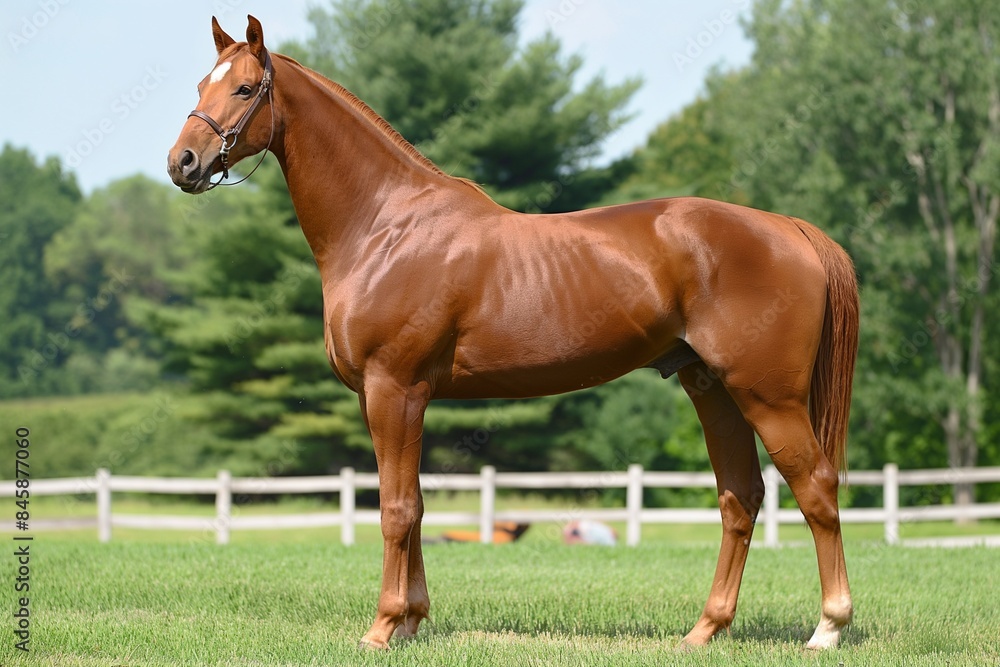A close-up portrait of a majestic chestnut horse standing tall in an open field, with trees and greenery behind it, exuding elegance and strength, focus on face. A close-up portrait of a majestic chestnut horse standing tall in an open field, with trees and greenery behind it, exuding elegance and strength, focus on face.
