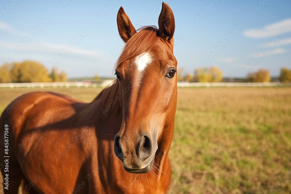 Obraz premium A close-up portrait of a majestic chestnut horse standing tall in an open field, with trees and greenery behind it, exuding elegance and strength, focus on face. 