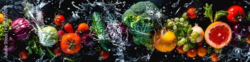 Panoramic wide black background with assortment of fresh vegetables, fruits and water splashes. High resolution collage