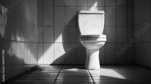 A white toilet sitting in a tiled bathroom with the sun shining on it  AI