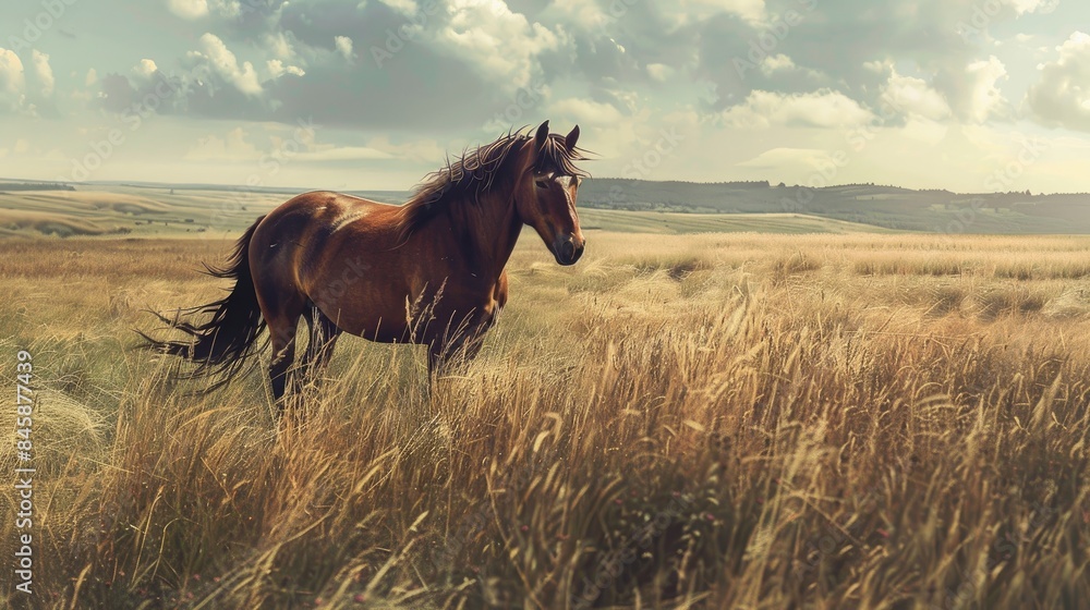 Untamed horse in grassy fields Untamed horse in grassy fields