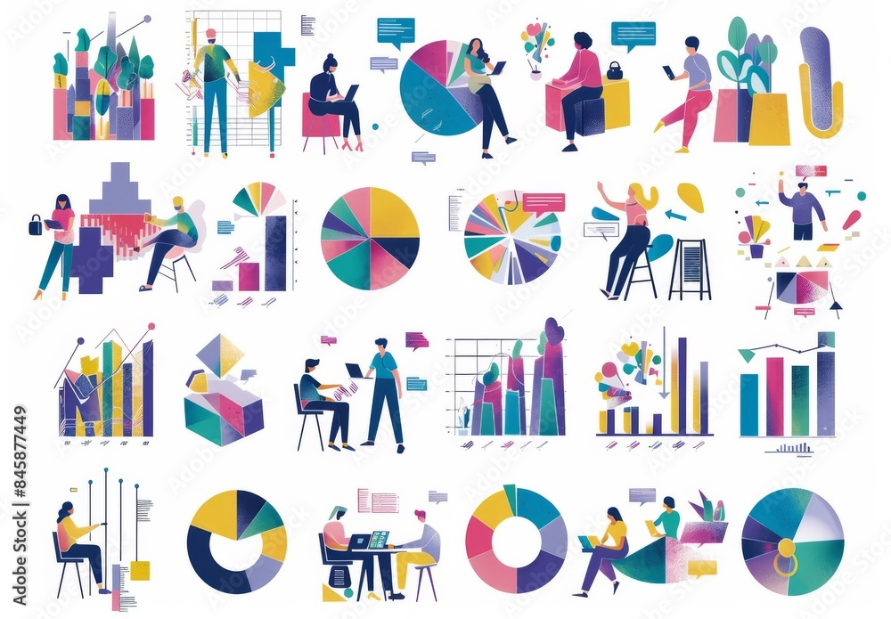 Fototapeta premium Illustration of digital business metaphor: market success, online work, leadership strategy, data analysis. People managing business stats, online transactions, profit growth.