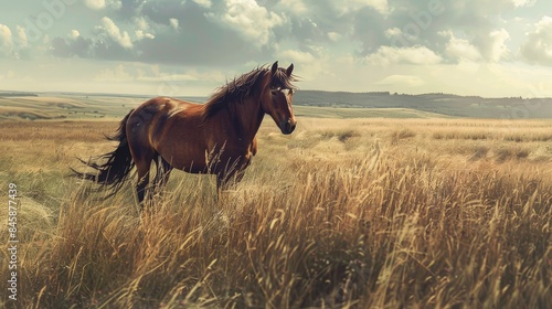 Untamed horse in grassy fields