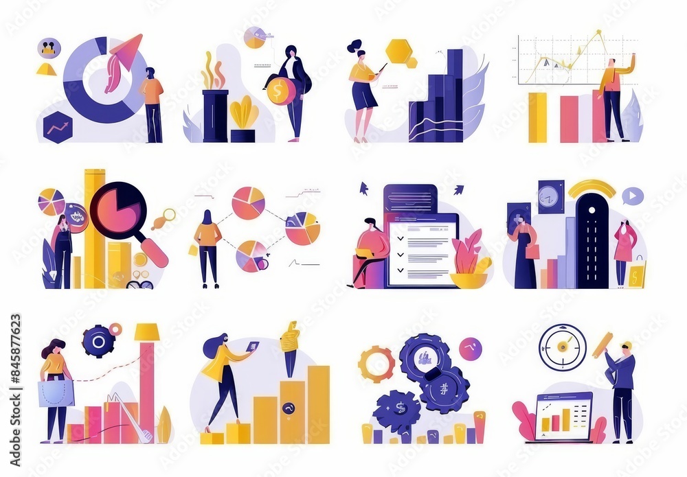Illustration of digital business metaphor: market success, online work, leadership strategy, data analysis. People managing business stats, online transactions, profit growth. Illustration of digital business metaphor: market success, online work, leadership strategy, data analysis. People managing business stats, online transactions, profit growth.
