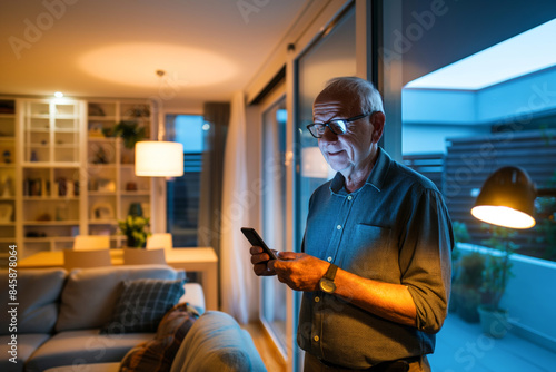 A senior man is enjoying his evening at home, using a smartphone in warm lighting