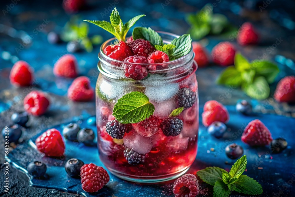 A cocktail of fresh raspberries, blackberries, mint, and ice in a jar glass against a dark blue background. A cocktail of fresh raspberries, blackberries, mint, and ice in a jar glass against a dark blue background.