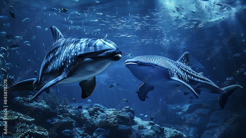 Fototapeta premium Bottle nosed dolphin and whale shark looking