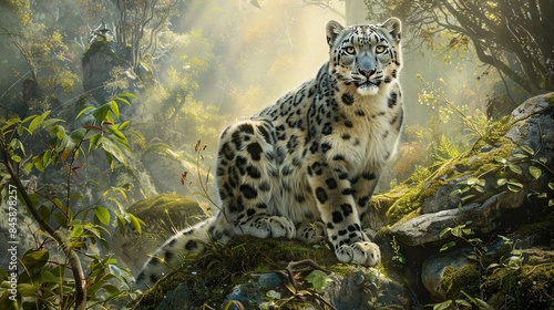 Snow leopard majestically perched on a mossy rock in a misty forest, illuminated by soft sunlight. photo
