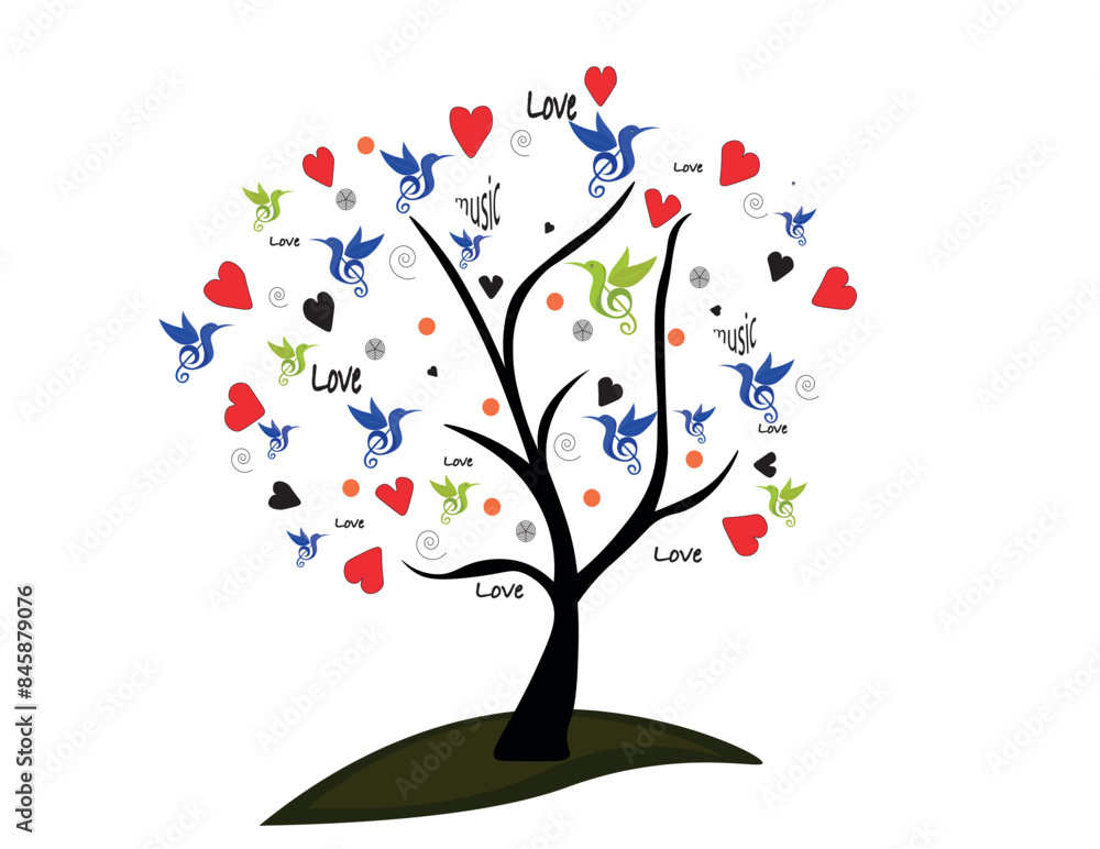Abstract music tree. Musical tree with notes. Music tree hearts note symbol vector on wave lines. Abstract conceptual illustration on musical education theme. Art tree Abstract music tree. Musical tree with notes. Music tree hearts note symbol vector on wave lines. Abstract conceptual illustration on musical education theme. Art tree
