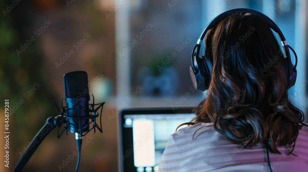 Back view of a woman recording a podcast in a professional studio, using a microphone and headphones while working on her laptop. Back view of a woman recording a podcast in a professional studio, using a microphone and headphones while working on her laptop.