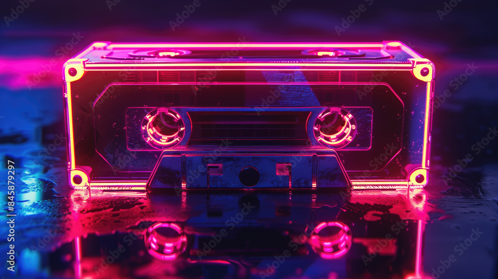 Neon cassette. Nostalgia of the 90s. Audio cassette for listening to music Neon cassette. Nostalgia of the 90s. Audio cassette for listening to music