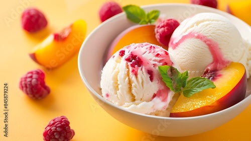 Bowl of peach melba vanilla ice cream with peaches and raspberry sauce pink and yellow background photo