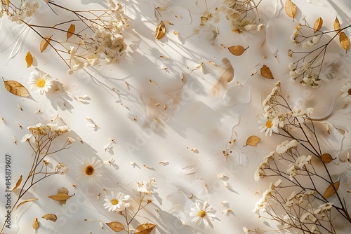 Autumn Flowers and Leaves with Shadows, Minimalist Background with Copy Space, Elegant Fall Foliage Border, Natural Seasonal Decoration, Botanical Design for Marketing and Banners