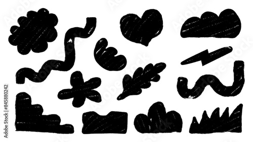 Charcoal graffiti doodle objects and hand-drawn shapes set. Hand-drawn abstract scribbles crayon. Doodle charcoal geometric black organic shapes, heart, flower, cloud, grass, curly lines, and texture.