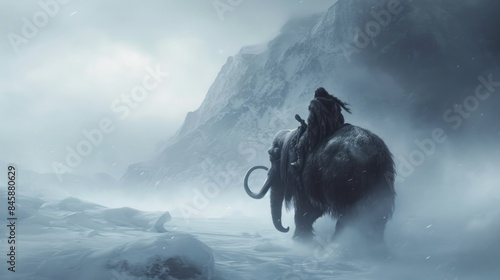 A warrior riding a mammoth in wild prehistoric times. Fantasy and surreal.