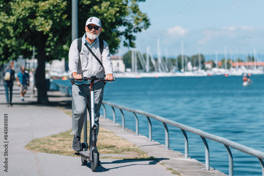A senior gentleman is happily riding an electric scooter on a beautiful waterfront walkway. Senior Citizens Day A senior gentleman is happily riding an electric scooter on a beautiful waterfront walkway. Senior Citizens Day