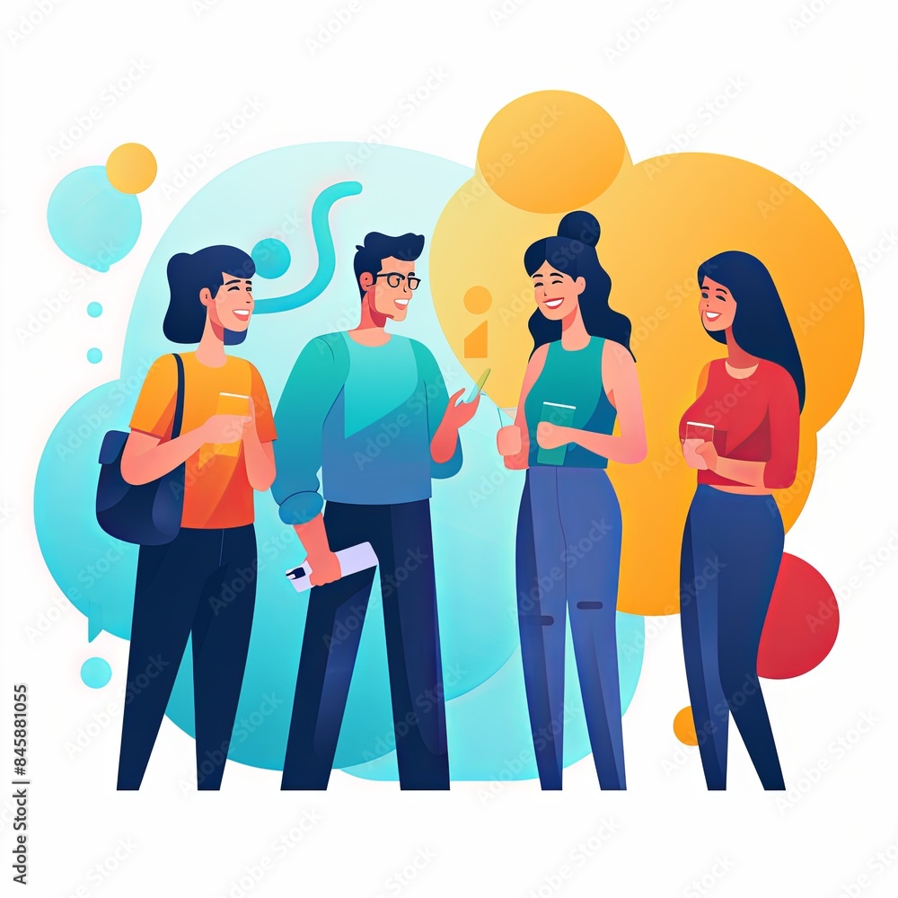 flat vector style illustration, a diverse group of people talking and collaborating, on white background flat vector style illustration, a diverse group of people talking and collaborating, on white background