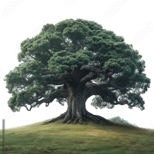 giant ancient tree, big oak tree on green grass field with many roots, sunny day, PNG transparent background photo