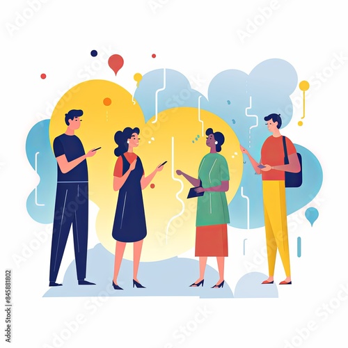 flat vector style illustration, a diverse group of people talking and collaborating, on white background 