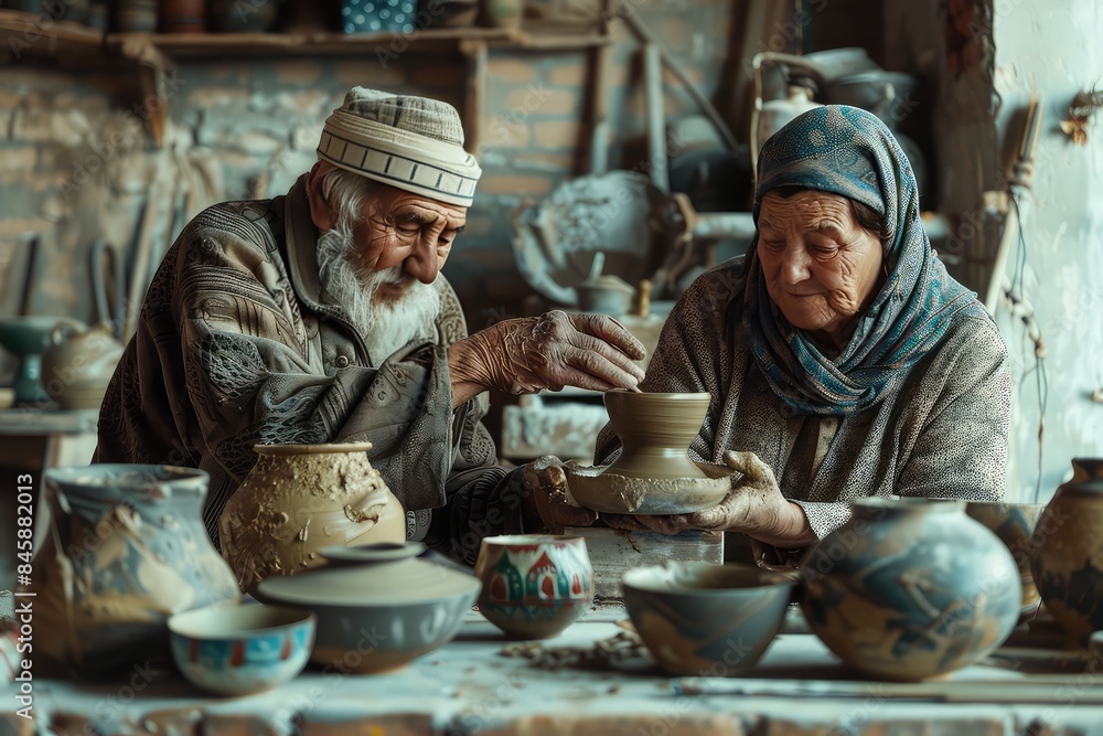 Portrait of a senior Asian couple doing activities together in the pottery workshop. Portrait of a senior Asian couple doing activities together in the pottery workshop.