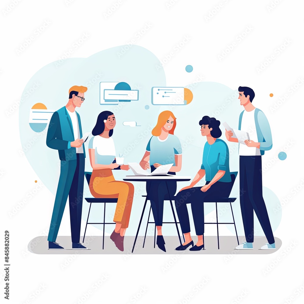 flat vector style illustration, a diverse group of people talking and collaborating, on white background flat vector style illustration, a diverse group of people talking and collaborating, on white background