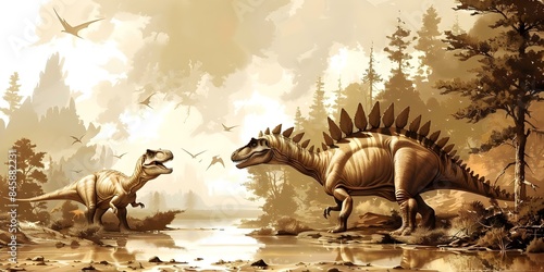 Fototapeta Naklejka Na Ścianę i Meble -  Educational digital art of dinosaurs in prehistoric landscape for scientific publications. Concept Digital Art, Dinosaurs, Prehistoric, Educational, Scientific Publications