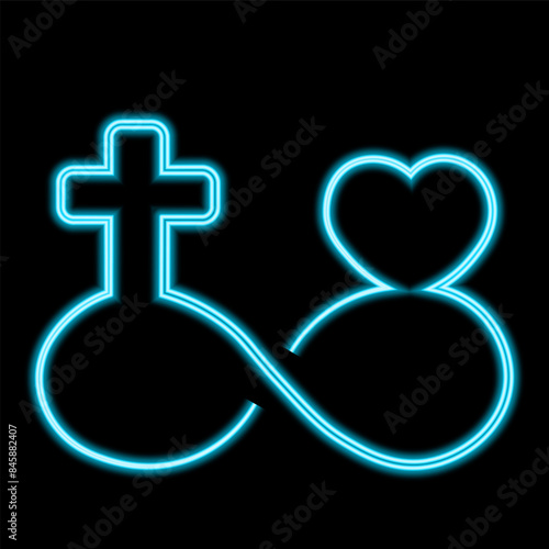 Infinity sign with religious cross and heart in neon effect