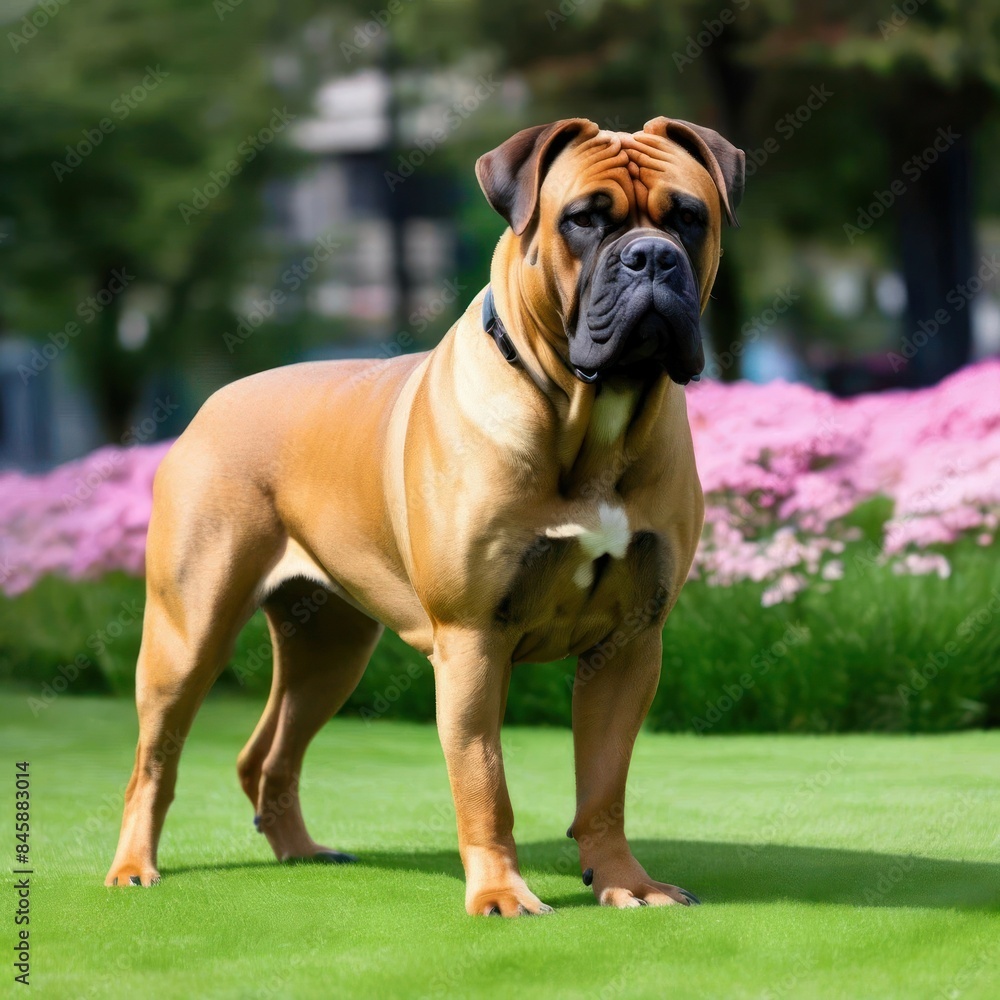 A boerboel in a colorful garden, an image generated by artificial intelligence A boerboel in a colorful garden, an image generated by artificial intelligence