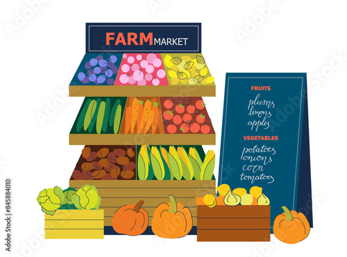 Farmers market place with local farm food. Grocery stands and wooden crates with organic vegetables and fruits