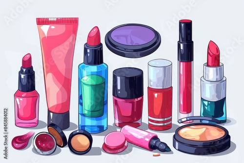 A colorful collection of illustrated cosmetic items, highlighting skincare and makeup essentials