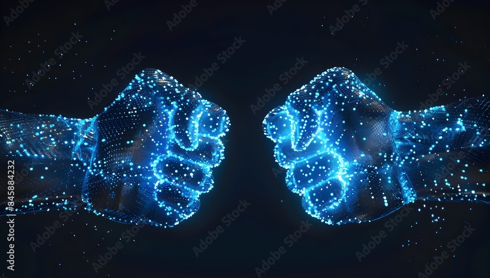 Two glowing blue fists made of digital data particles, symbolizing the power and strength in AI technology
Two glowing blue fists made of digital data particles, symbolizing the power and strength in AI technology