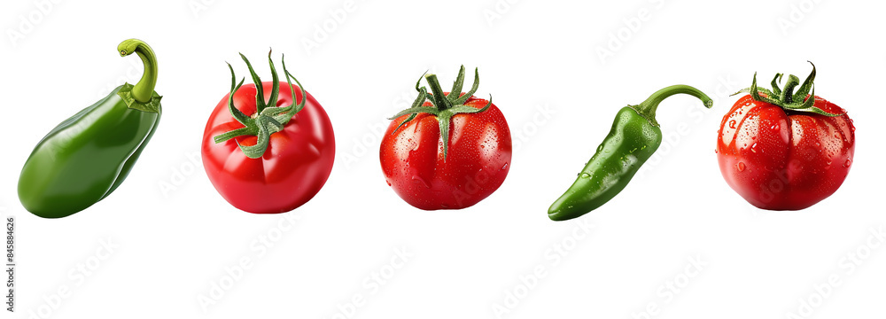 Collection of organic red tomato and green chili pepper vegetables isolated on transparent background with shadow. PNG Collection of organic red tomato and green chili pepper vegetables isolated on transparent background with shadow. PNG