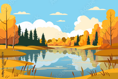 Beautiful autumn forest landscape with lake and clouds. Stunning landscape of mixed forest and lake in the autumn season. Vector illustration of an amazing autumn landscape for design.