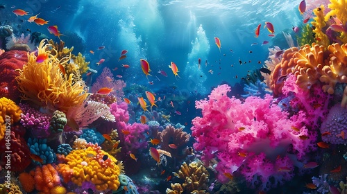 A vibrant coral reef teeming with life, showcasing a kaleidoscope of colors as various marine species swim amidst the intricate structures.