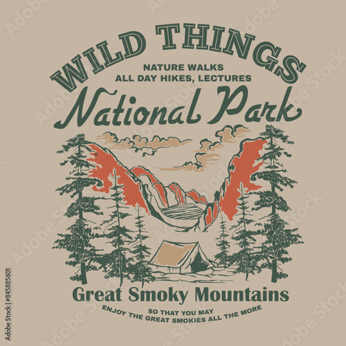 National Park great smoky mountains adventure print, outdoor autumn winter hand drawn mountain graphic