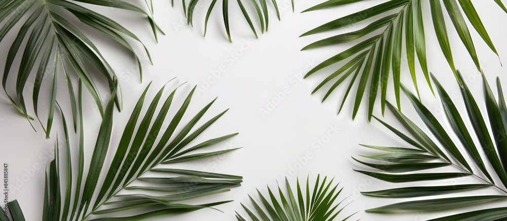 Palm leaf patterns on white and grey backdrop for stylish summer designs. High-quality top-view image.
