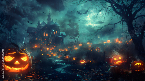 Beautiful festive background for Halloween with pumpkins and fog. AI Generated © Dmytro