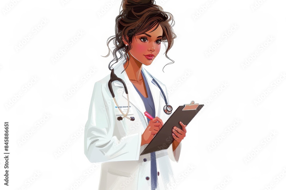 Stylishly drawn female doctor reviewing notes on a clipboard with focus Stylishly drawn female doctor reviewing notes on a clipboard with focus