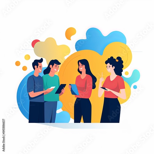 flat vector style illustration, a diverse group of people talking and collaborating, on white background 