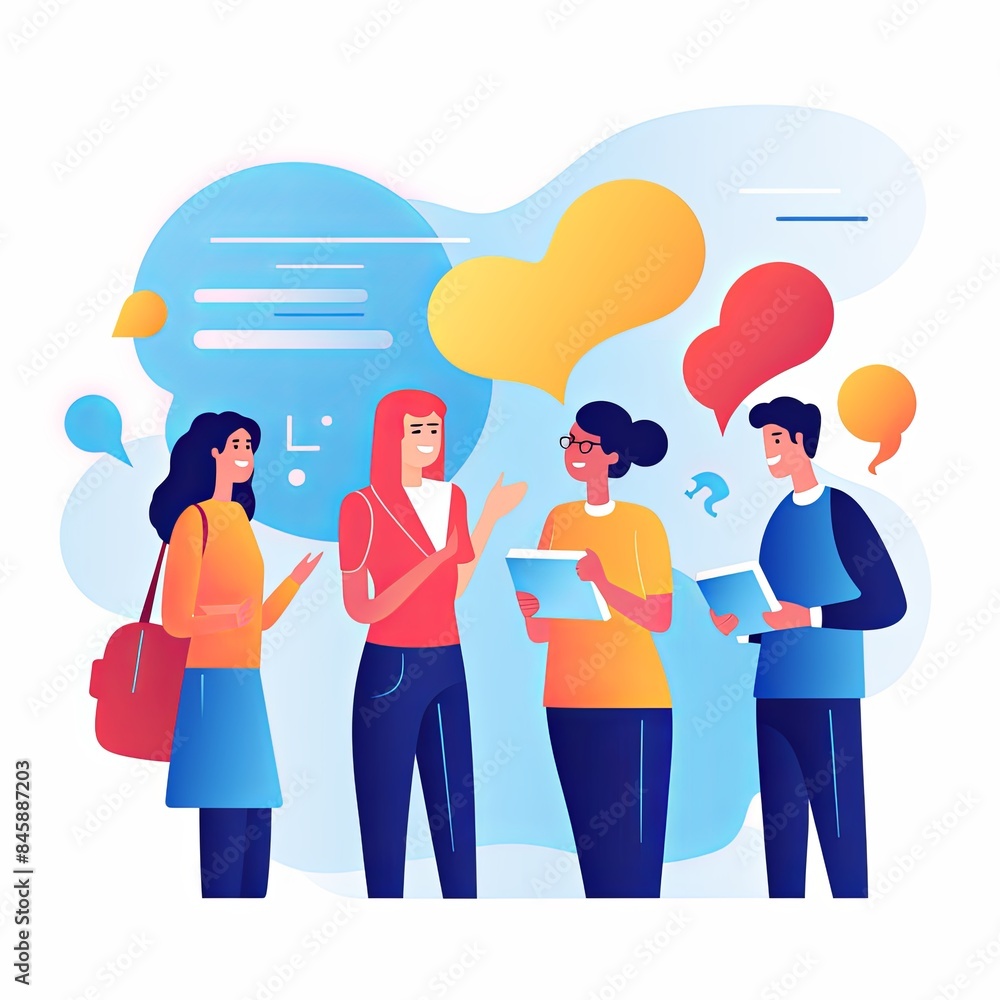 flat vector style illustration, a diverse group of people talking and collaborating, on white background flat vector style illustration, a diverse group of people talking and collaborating, on white background