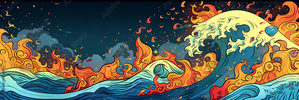 A cartoon vector illustration of flames on top of an ocean wave, in the style of a Japanese woodblock print with bold outlines and flat colors A cartoon vector illustration of flames on top of an ocean wave, in the style of a Japanese woodblock print with bold outlines and flat colors