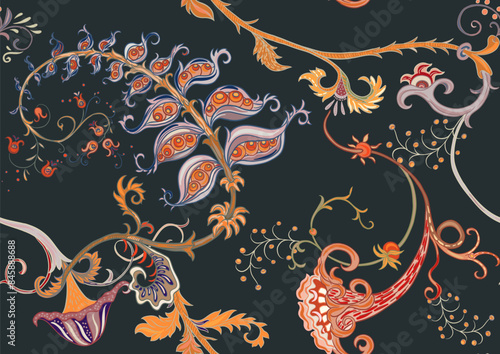 Fantasy, alien hypnotic flowers, decorative flowers and leaves. Cartoon style. Millefleurs trendy floral design. Seamless pattern, background. Outline hand drawing vector illustration.
