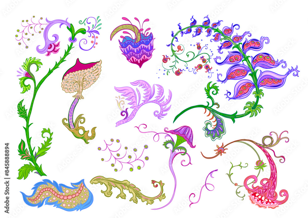Obraz premium Fantasy, alien hypnotic flowers, decorative flowers and leaves. Cartoon style. Millefleurs trendy floral design. Clip art, set of elements for design Outline hand drawing vector illustration.