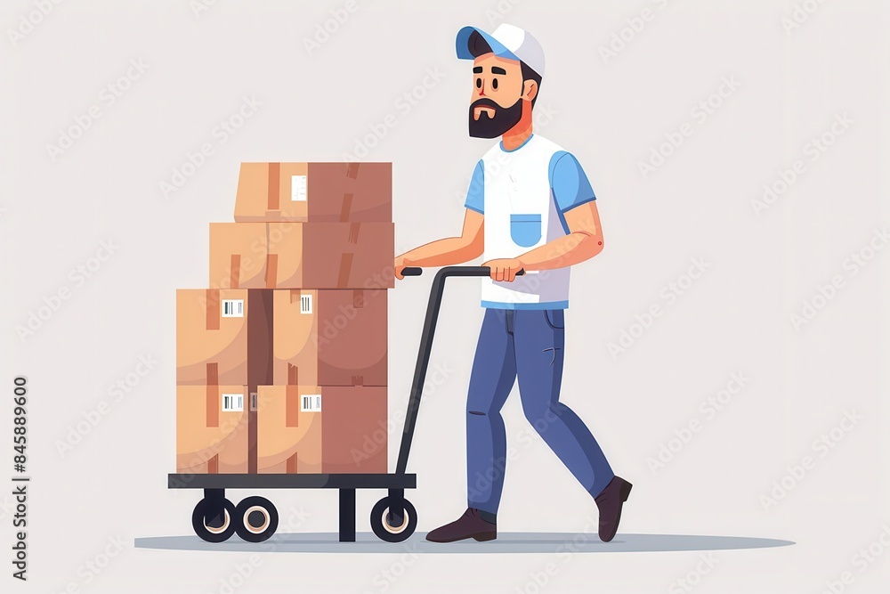 Illustration of a bearded delivery man wearing a cap and vest, effortlessly pushing a dolly stacked with boxes Illustration of a bearded delivery man wearing a cap and vest, effortlessly pushing a dolly stacked with boxes